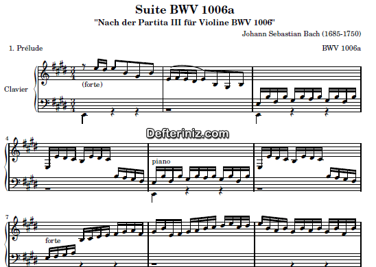 Bach BWV 1006, PDF Piyano Nota | Prelude, E, Mi Majör