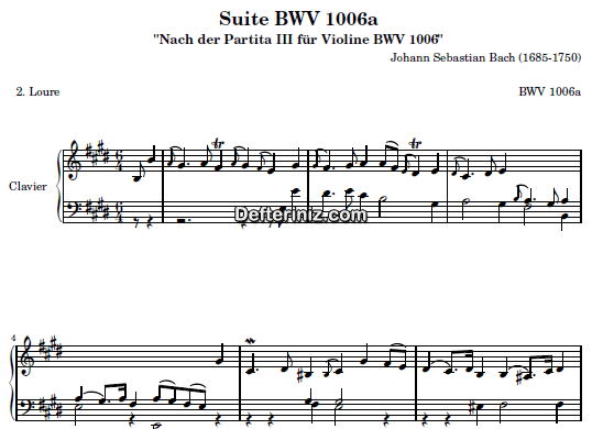 Bach BWV 1006, PDF Piyano Nota | Loure, E, Mi Majör