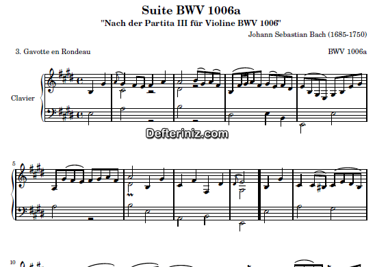 Bach BWV 1006, PDF Piyano Nota | Gavotte en Rondeau, E, Mi Majör