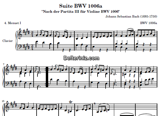 Bach BWV 1006, PDF Piyano Nota | Menuet I, E, Mi Majör