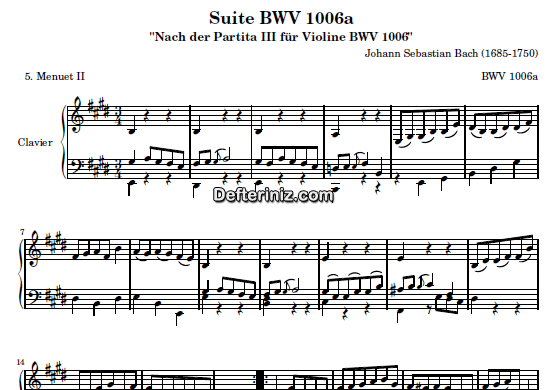 Bach BWV 1006, PDF Piyano Nota | Menuet II, E, Mi Majör