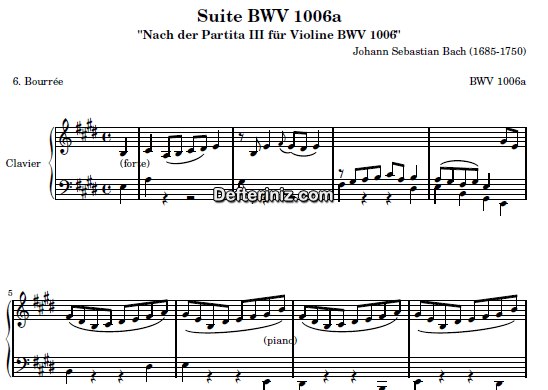 Bach BWV 1006, PDF Piyano Nota | Bourree, E, Mi Majör