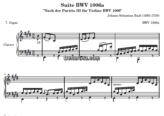 Bach BWV 1006, PDF Piyano Nota | Gigue, E, Mi Majör