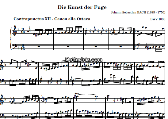 Bach BWV 1080, PDF Piyano Nota | Die Kunst der Fuge, Contrapunctus XII - Canon Alla Ottava, Dm, Re Minör