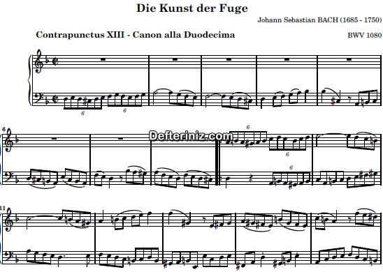 Bach BWV 1080, PDF Piyano Nota | Die Kunst der Fuge, Contrapunctus XIII - Canon Alla Duodecima, Dm, Re Minör