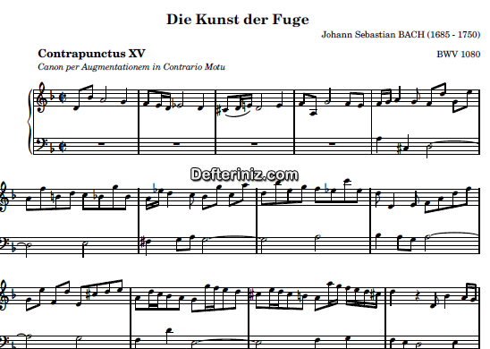 Bach BWV 1080, PDF Piyano Nota | Contrapunctus XIII – Canon per Augmentationem in Contrario Motu, Dm, Re Minör