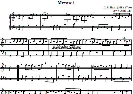 Bach BWV 113, PDF Piyano Nota | Menuet, F, Fa Majör