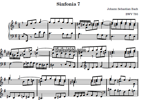 Bach BWV 793, PDF Piyano Nota | Sinfonia 7, Em, Mi Minör