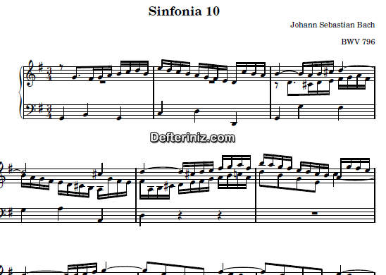 Bach BWV 796, PDF Piyano Nota | Sinfonia 10, G, Sol Majör