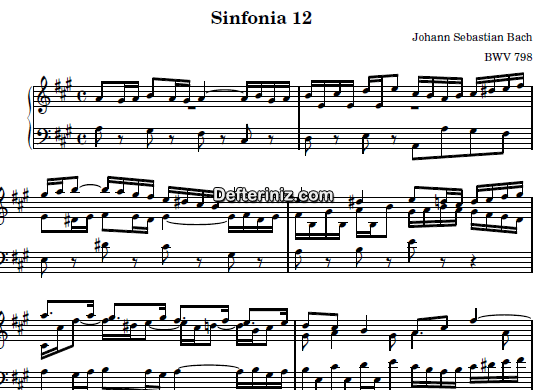 Bach BWV 798, PDF Piyano Nota | Sinfonia 12, A, La Majör