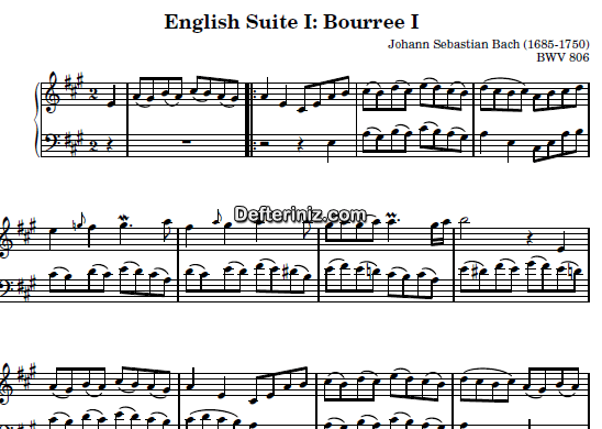 Bach BWV 806, PDF Piyano Nota | English Suite I (Bourree I) A, La Majör