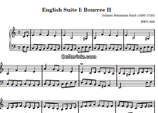 Bach BWV 806, PDF Piyano Nota | English Suite I (Bourree II), Am, La Minör