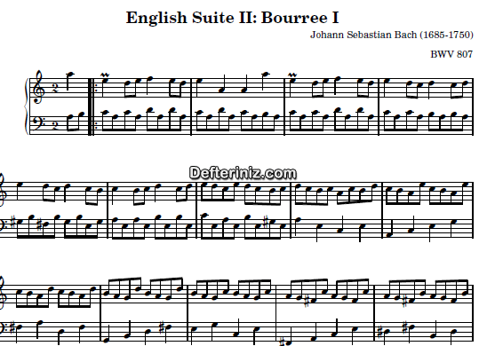 Bach BWV 807, PDF Piyano Nota | English Suite II (Bourree I), Am, La Minör