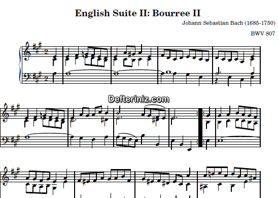 Bach BWV 807, PDF Piyano Nota | English Suite II (Bourree II), A, La Majör