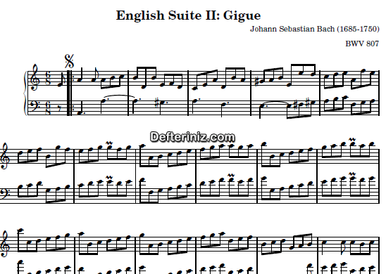 Bach BWV 807, PDF Piyano Nota | English Suite II (Gigue), Am, La Minör