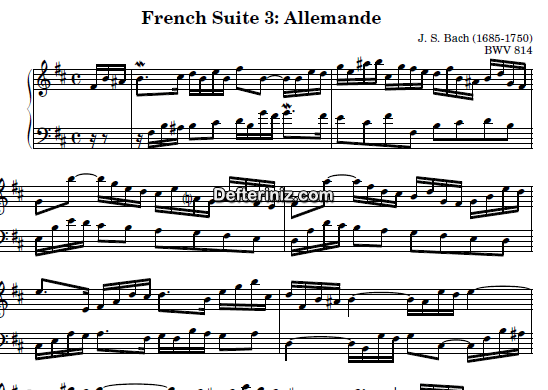 Bach BWV 814, PDF Piyano Nota | French Suite no:3 (Allemande), Bm, Si Minör