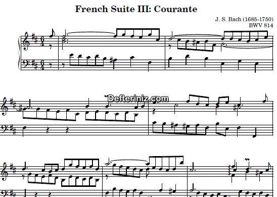 Bach BWV 814, PDF Piyano Nota | French Suite no:3 (Courante), Bm, Si Minör