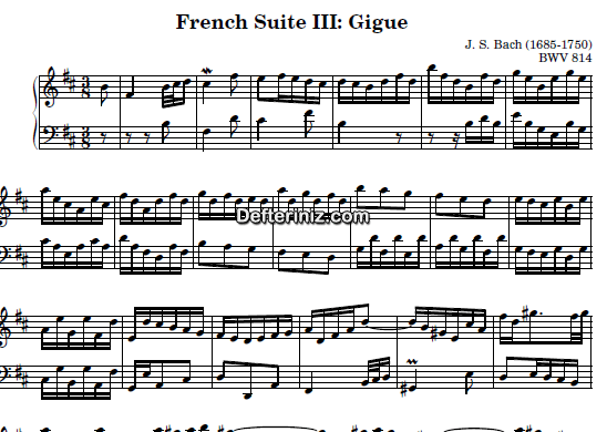 Bach BWV 814, PDF Piyano Nota | French Suite no:3 (Gigue), Bm, Si Minör