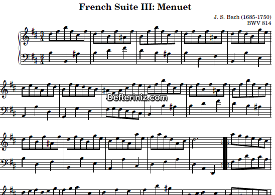 Bach BWV 814, PDF Piyano Nota | French Suite no:3 (Menuet), Bm, Si Minör