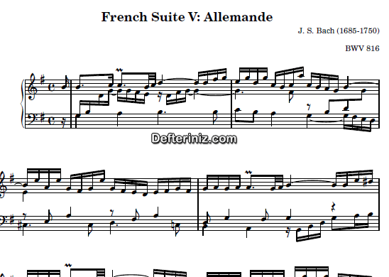 Bach BWV 816, PDF Piyano Nota | French Suite no:5 (Allemande), G, Sol Majör