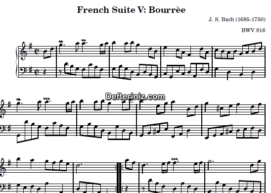 Bach BWV 816, PDF Piyano Nota | French Suite no:5 (Bourree), G, Sol Majör