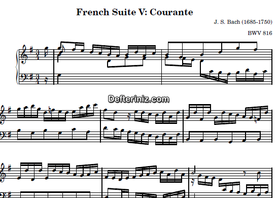 Bach BWV 816, PDF Piyano Nota | French Suite no:5 (Courante), G, Sol Majör