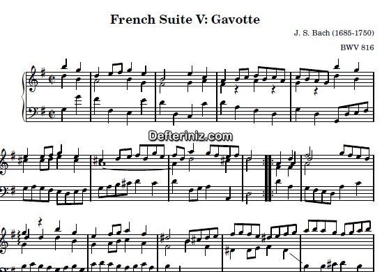 Bach BWV 816, PDF Piyano Nota | French Suite no:5 (Gavotte), G, Sol Majör