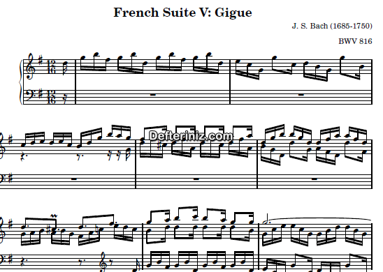 Bach BWV 816, PDF Piyano Nota | French Suite no:5 (Gigue), G, Sol Majör