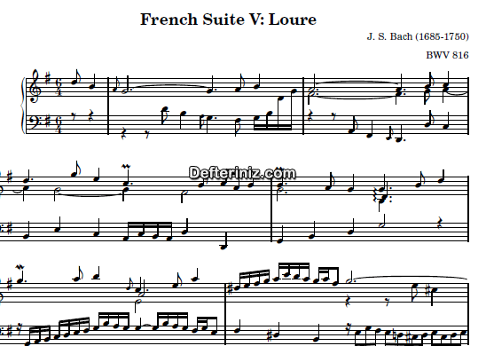 Bach BWV 816, PDF Piyano Nota | French Suite no:5 (Loure), G, Sol Majör