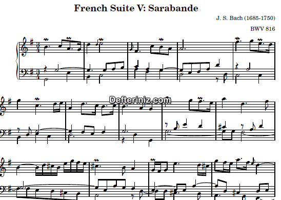 Bach BWV 816, PDF Piyano Nota | French Suite no:5 (Sarabande), G, Sol Majör