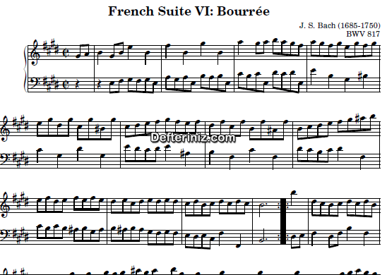 Bach BWV 817, PDF Piyano Nota | French Suite no:6 (Bourree), E, Mi Majör