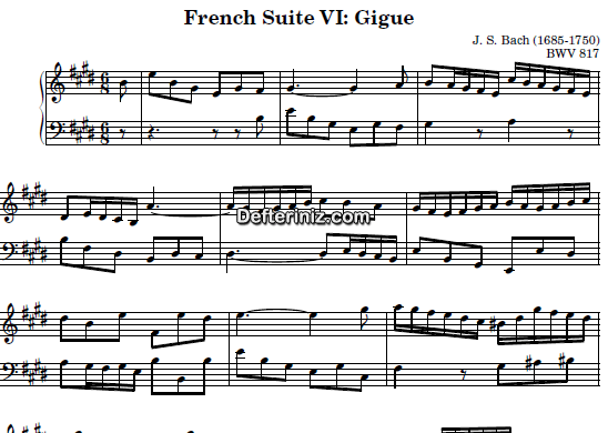 Bach BWV 817, PDF Piyano Nota | French Suite no:6 (Gigue), E, Mi Majör