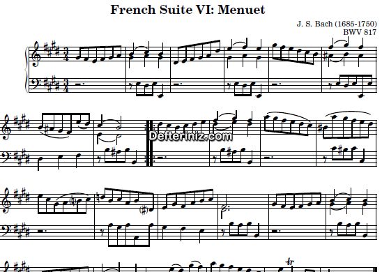 Bach BWV 817, PDF Piyano Nota | French Suite no:6 (Menuet), E, Mi Majör