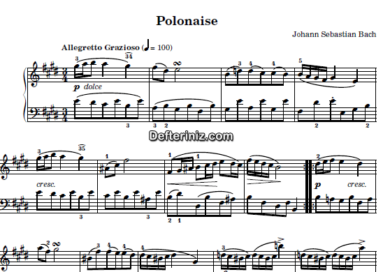 Bach BWV 817, PDF Piyano Nota | French Suite no:6 (Polonaise), E, Mi Majör