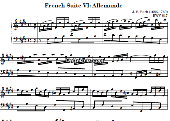 Bach BWV 817, PDF Piyano Nota | French Suite no:6 (Allemande), E, Mi Majör