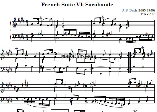 Bach BWV 817, PDF Piyano Nota | French Suite no:6 (Sarabande), E, Mi Majör