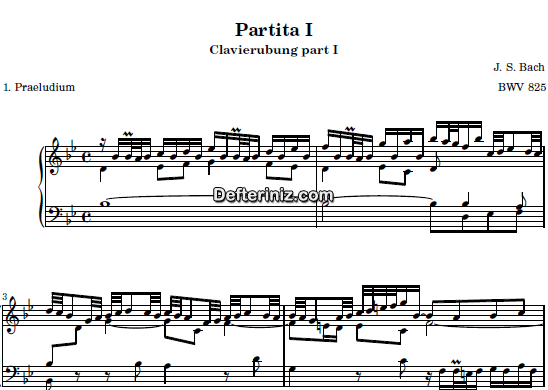 Bach BWV 825, PDF Piyano Nota | Six Partitas (Clavierubung part I) No:1, Bb, Si Bemol Majör 