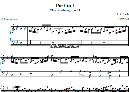 Bach BWV 825, PDF Piyano Nota | Six Partitas (Clavierubung part I) (Allemande) No:1, Bb, Si Bemol Majör