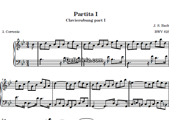 Bach BWV 825, PDF Piyano Nota | Six Partitas (Clavierubung part I) (Corrente) No:1, Bb, Si Bemol Majör