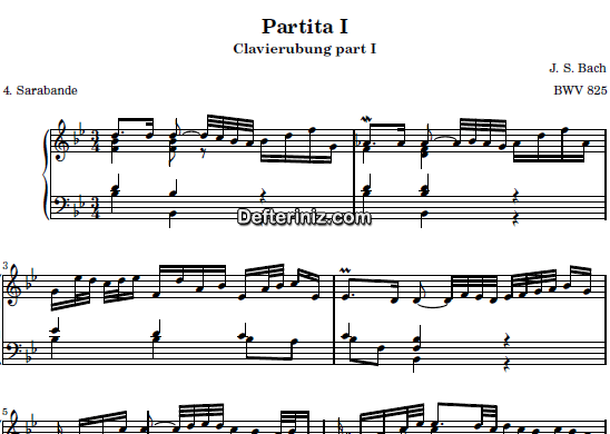 Bach BWV 825, PDF Piyano Nota | Six Partitas (Clavierubung part I) (Sarabande) No:1, Bb, Si Bemol Majör