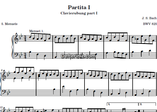 Bach BWV 825, PDF Piyano Nota | Six Partitas (Clavierubung part I) (Menuets) No:1, Bb, Si Bemol Majör