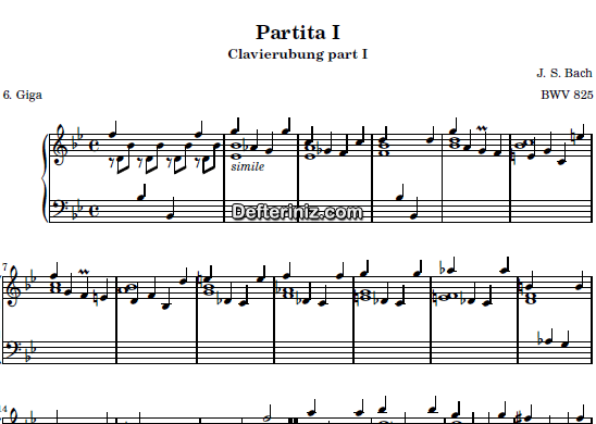 Bach BWV 825, PDF Piyano Nota | Six Partitas (Clavierubung part I) (Giga) No:1, Bb, Si Bemol Majör