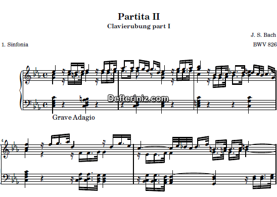 Bach BWV 826, PDF Piyano Nota | Six Partitas (Clavierubung part I) (Sinfonia) No:2, Cm Do Minör 