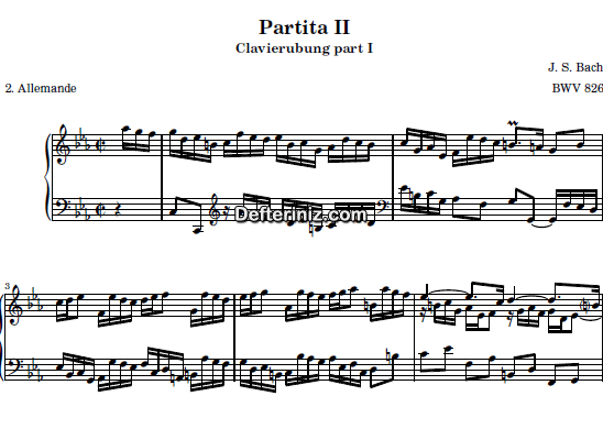 Bach BWV 826, PDF Piyano Nota | Six Partitas (Clavierubung part I) (Allemande) No:2, Cm Do Minör