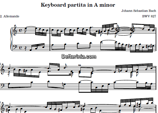 Bach BWV 827, PDF Piyano Nota | Keyboard Partita (Allemande), Am La Minör