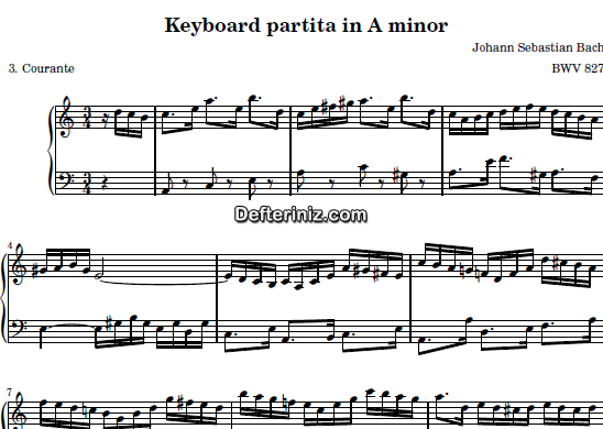 Bach BWV 827, PDF Piyano Nota | Keyboard Partita (Courante), Am, La Minör