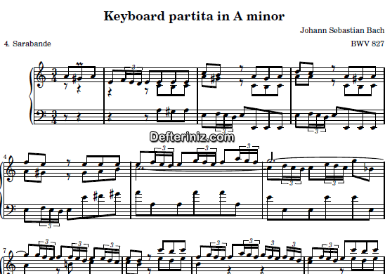 Bach BWV 827, PDF Piyano Nota | Keyboard Partita (Sarabande), Am, La Minör