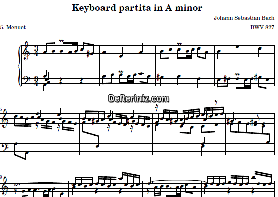 Bach BWV 827, PDF Piyano Nota | Keyboard Partita (Menuet), Am, La Minör