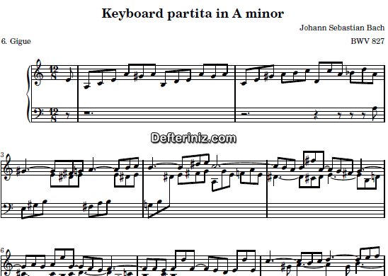 Bach BWV 827, PDF Piyano Nota | Keyboard Partita (Gigue), Am, La Minör