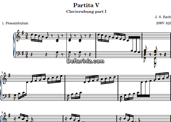 Bach BWV 829, PDF Piyano Nota | Six Partitas (Clavierubung part I) (Praeambulum) No:5, G, Sol Majör